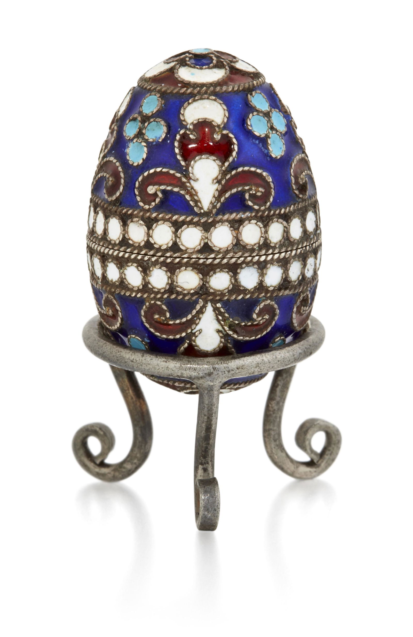 A RUSSIAN SMALL SILVER AND ENAMEL EGG, stamped 'AK' and (1 of 1)
