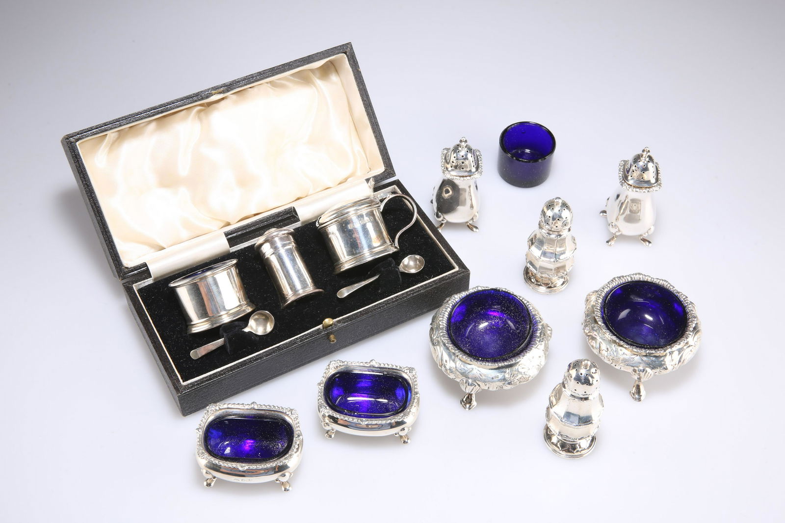 A GROUP OF SILVER, including cased condiment set, a (1 of 1)