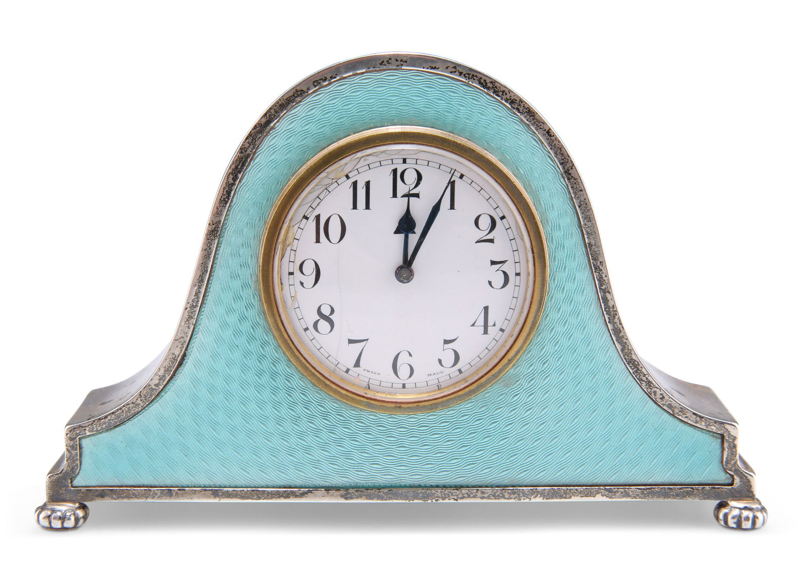 A GEORGE V SILVER AND ENAMEL MANTEL CLOCK, by Adie (1 of 4)