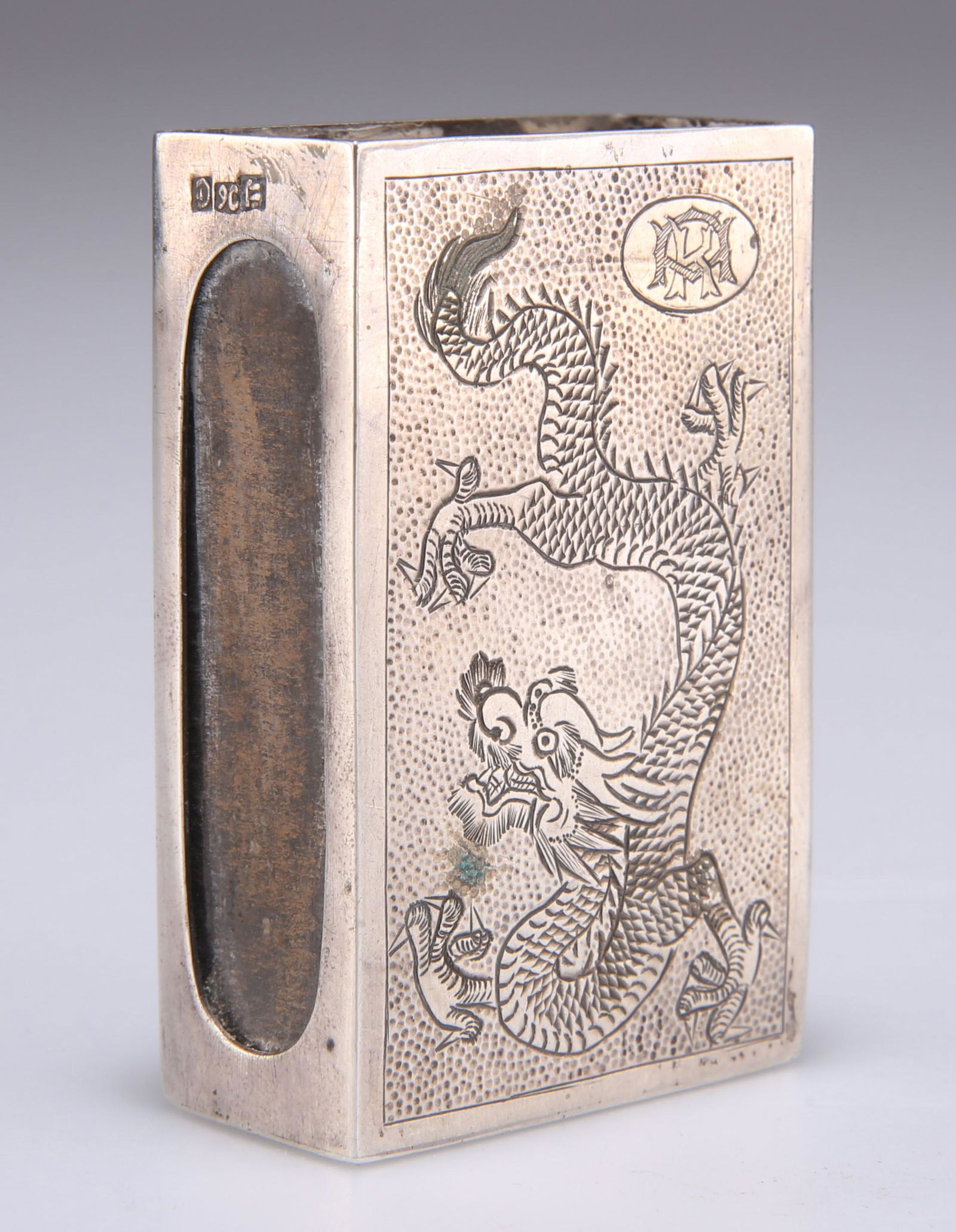 A CHINESE SILVER MATCHBOX SLEEVE, engraved with a (1 of 4)