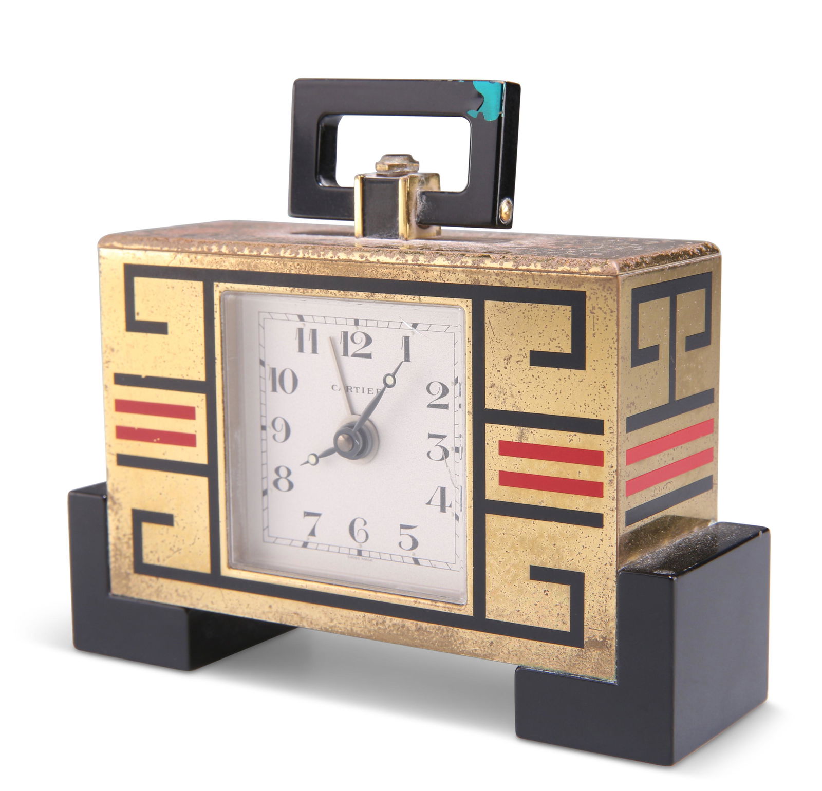 A GILT-BRASS AND ENAMEL ALARM CLOCK, IN THE ART DECO (1 of 3)