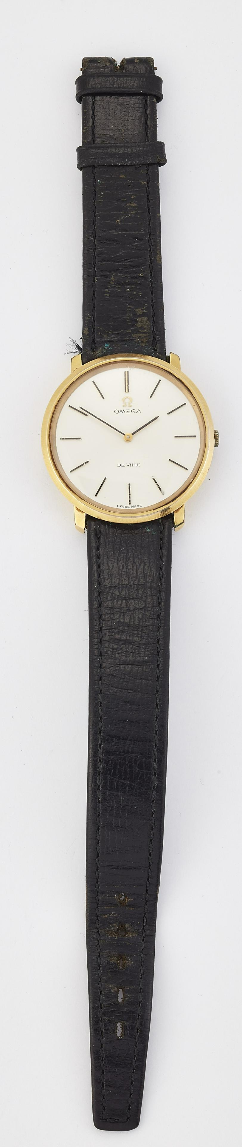 A GENTLEMAN'S GOLD-PLATED OMEGA STRAP WATCH, circular (1 of 1)