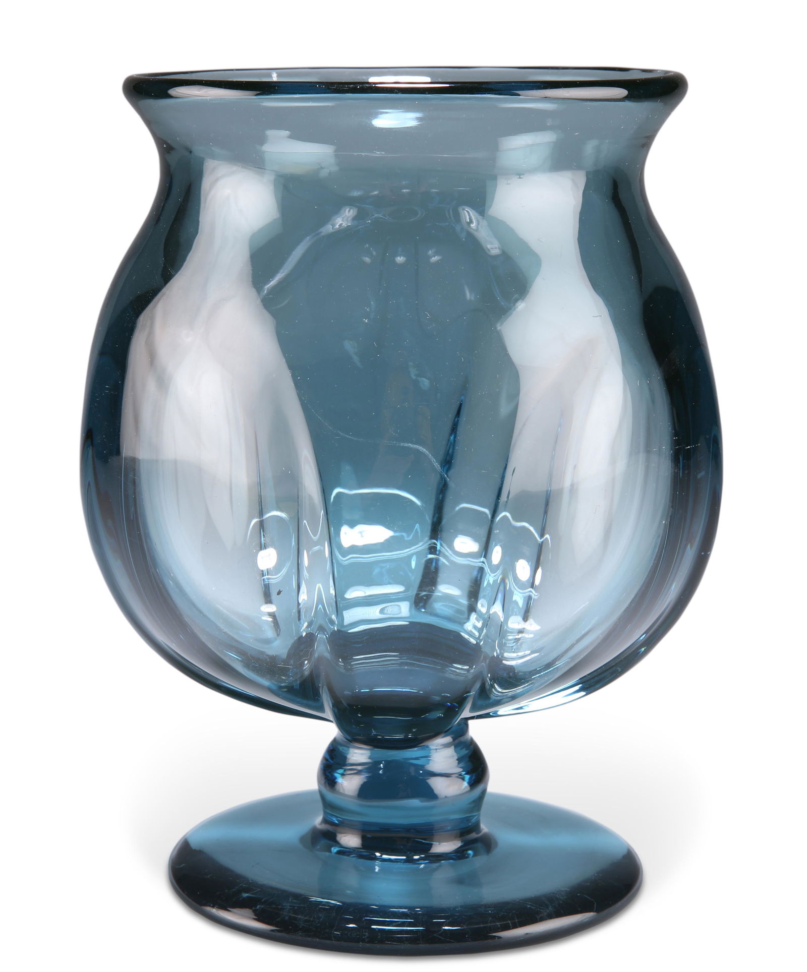 A KOSTA BLUE GLASS VASE, CIRCA 1930, designed by Elis: A KOSTA BLUE GLASS VASE, CIRCA 1930, designed by Elis Bergh, the dimpled bowl raised on a circular foot, etched no. B160. 20.5cm high
