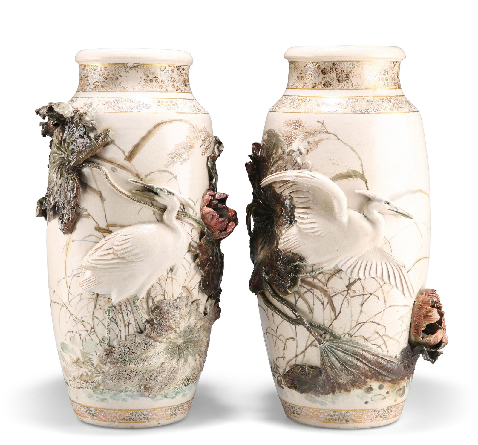 A LARGE PAIR OF JAPANESE SATSUMA VASES WITH APPLIQUÃ‰ (1 of 6)