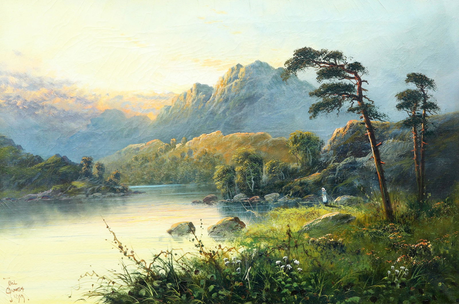 FRANCIS E. JAMIESON (1895-1950), GIRL AT THE WATERS: FRANCIS E. JAMIESON (1895-1950), GIRL AT THE WATERS EDGE, signed with pseudonym 'Joel Owen' and dated 1909, oil on canvas, framed under glass. 40cm by 59.5cm