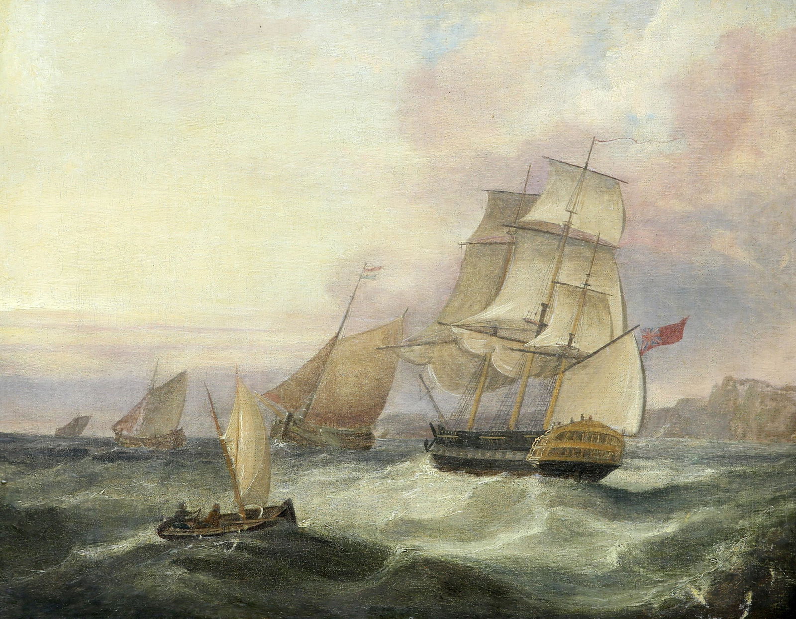 FOLLOWER OF THOMAS LUNY (1759-1837), A MAN OF WAR AND: FOLLOWER OF THOMAS LUNY (1759-1837), A MAN OF WAR AND OTHER VESSELS OFF THE COAST, oil on canvas, framed. 47.5cm by 61cm