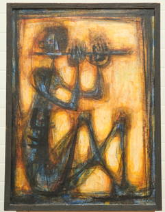 SI LEWEN (AMERICAN, BORN 1918), "FLUTIST IN THE: SI LEWEN (AMERICAN, BORN 1918), "FLUTIST IN THE WINDOW", inscribed and with artist's address label verso, oil on canvas, framed. 75cm by 55cm