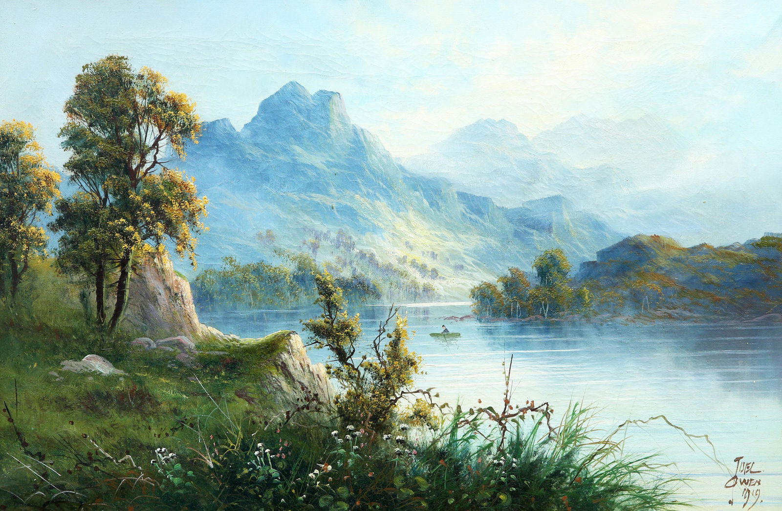 FRANCIS E. JAMIESON (1895-1950), MAN IN A BOAT ON A: FRANCIS E. JAMIESON (1895-1950), MAN IN A BOAT ON A LOCH, signed with pseudonym 'Joel Owen' and dated 1919, oil on canvas, framed under glass. 40cm by 59.5cm