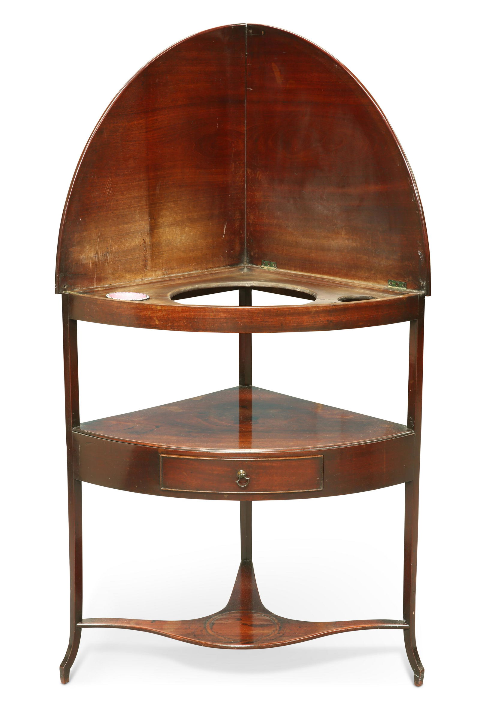 A GEORGE III MAHOGANY CORNER WASHSTAND, bow-fronted, (1 of 2)