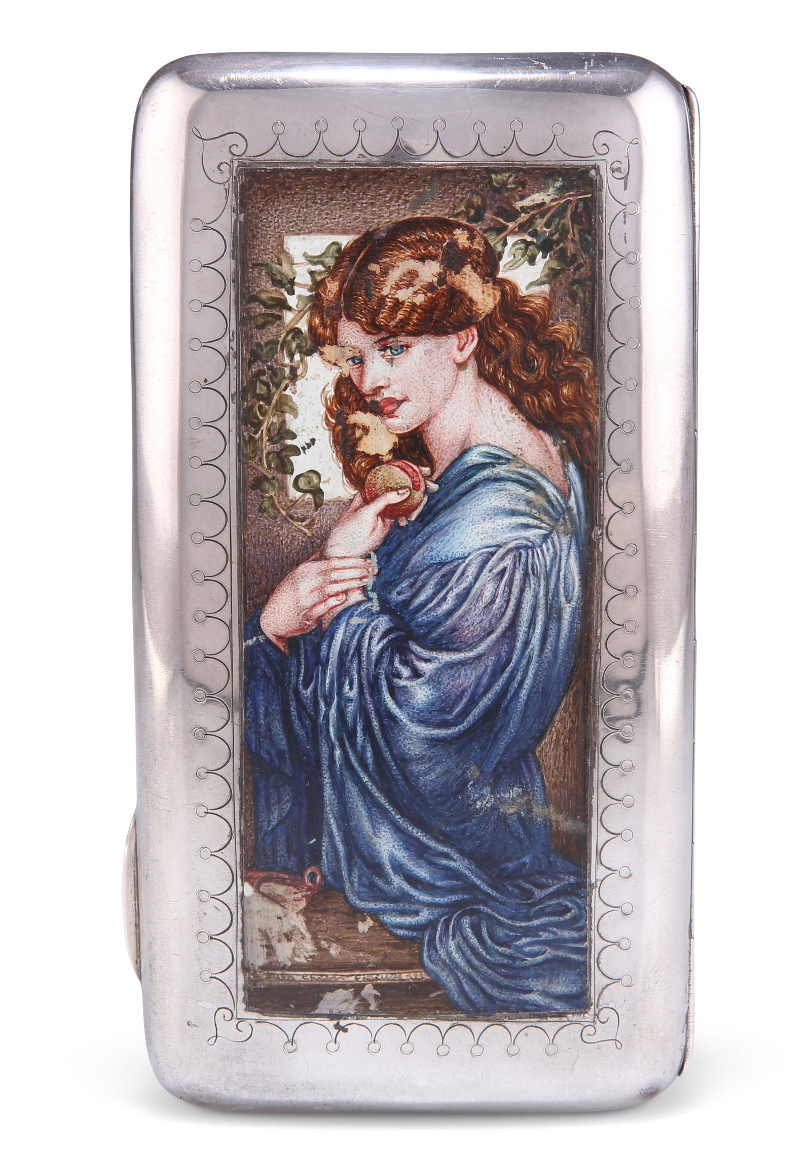 AN EDWARDIAN SILVER CIGARETTE CASE, by William Harrison: AN EDWARDIAN SILVER CIGARETTE CASE, by William Harrison Walter, Birmingham 1903, oblong form, the hinged cover enamelled depicting 'Proserpine' after Dante Gabriel Rossetti. 15.5cm by 8.5cm, 6.20 troy