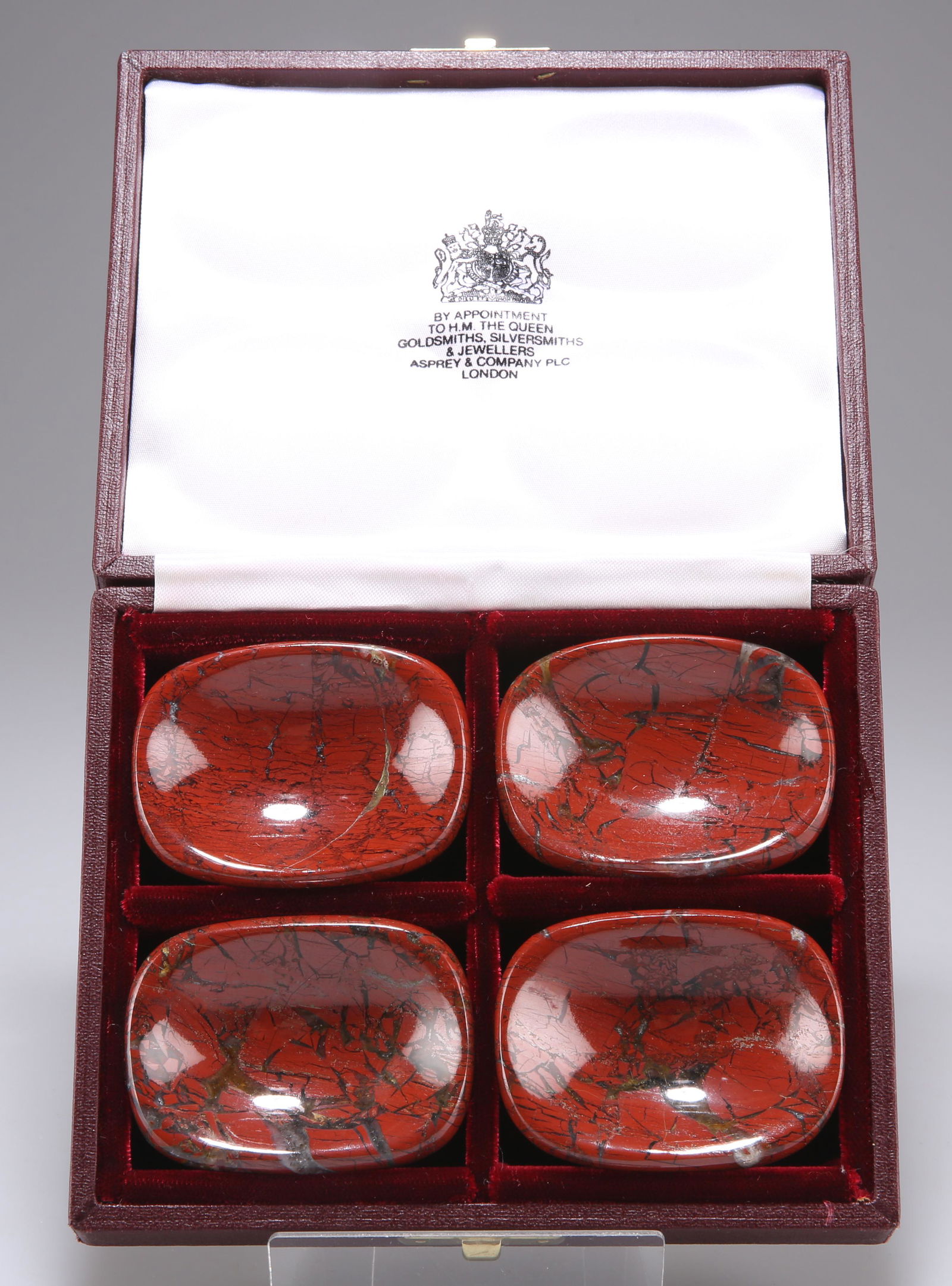 A SET OF FOUR HARDSTONE SALTS, of rounded rectangular (1 of 2)
