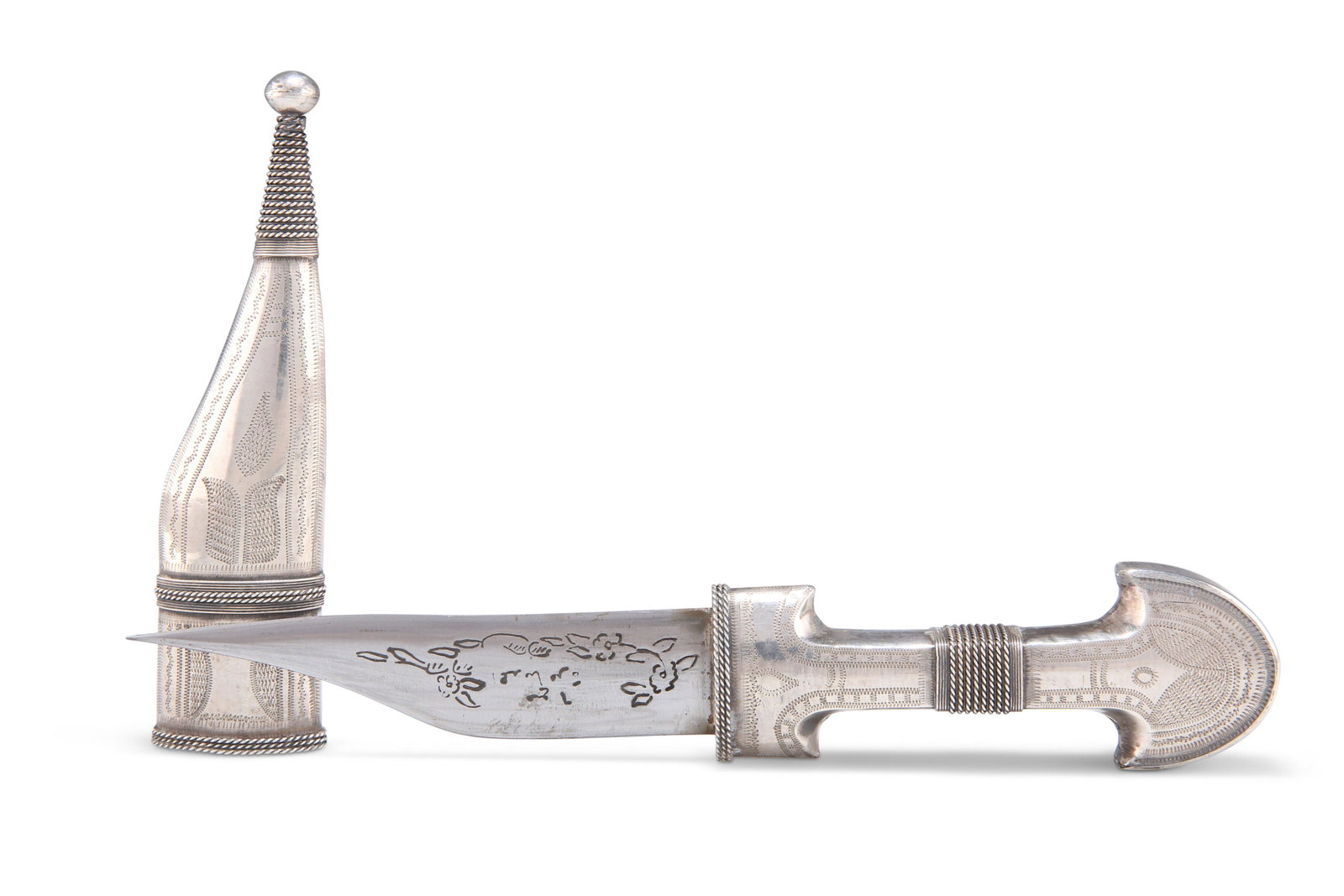 A PERSIAN SILVER-MOUNTED DAGGER, with engraved: A PERSIAN SILVER-MOUNTED DAGGER, with engraved decoration, stamped '925'. 24.5cm