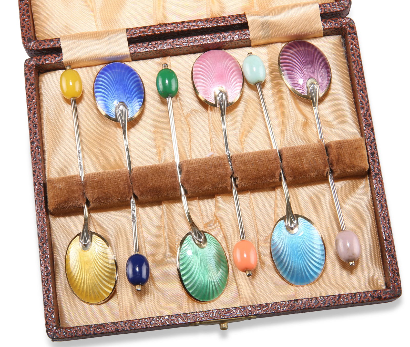 A SET OF SIX GEORGE VI SILVER AND ENAMEL COFFEE BEAN (1 of 1)