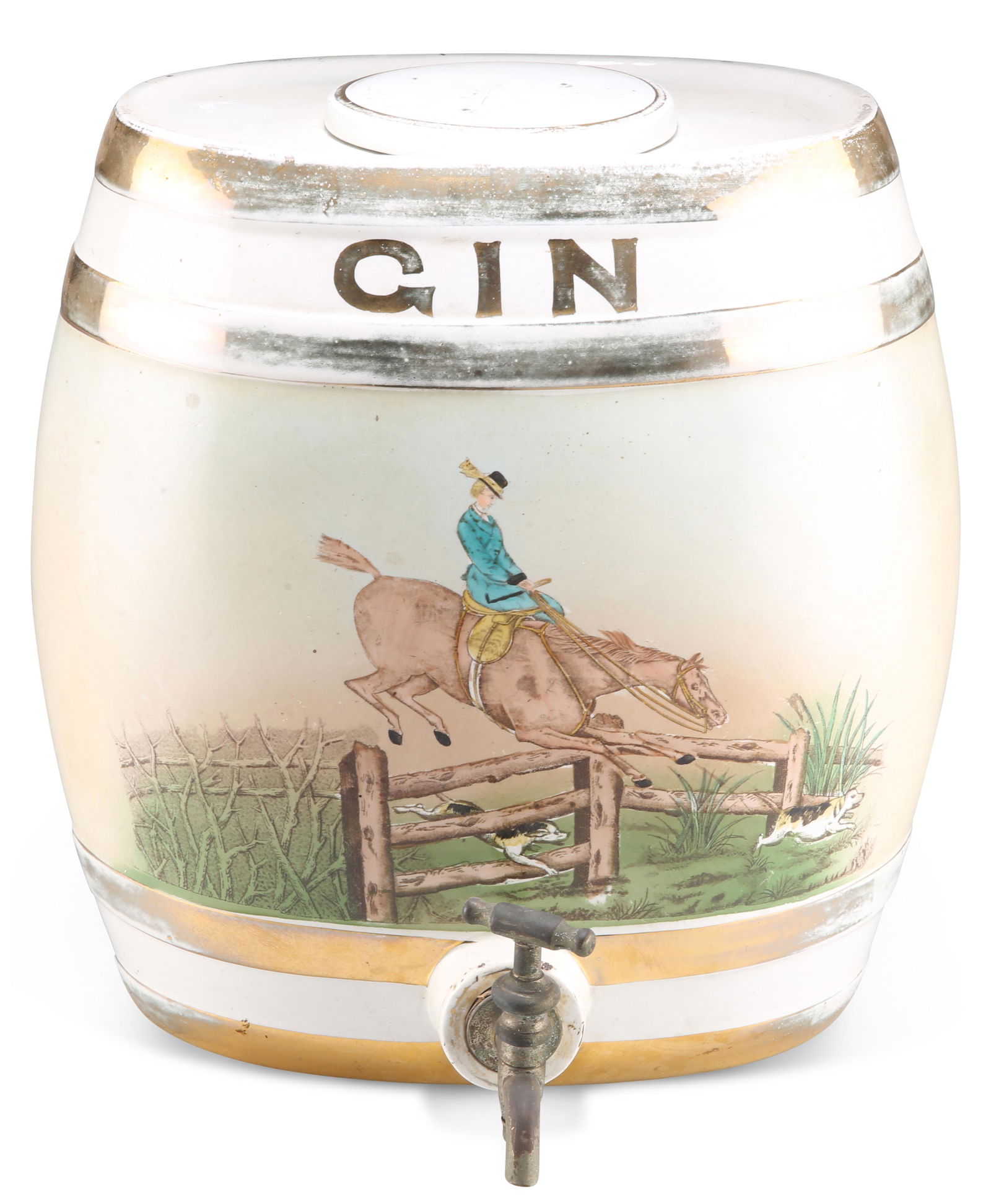A VICTORIAN POTTERY GIN BARREL, printed and painted (1 of 1)