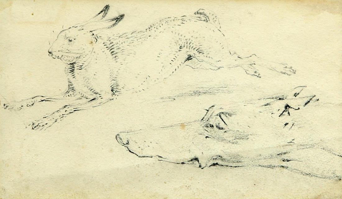 ATTRIBUTED TO HENRY THOMAS ALKEN (1785-1851), HARE AND: ATTRIBUTED TO HENRY THOMAS ALKEN (1785-1851), HARE AND LURCHER, pencil, framed. 11.5cm by 18cm
