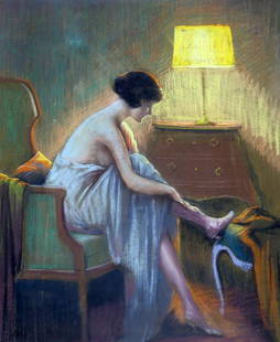 DELPHIN ENJOLRAS (FRENCH, 1857-1945), FEMME AJUSTANT: DELPHIN ENJOLRAS (FRENCH, 1857-1945), FEMME AJUSTANT SON BAS, signed lower left, pastel, framed under glass. 52.5cm by 44cm