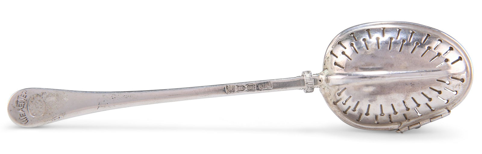 A VICTORIAN SILVER "TEAETTE" PATENTED TEA INFUSER, by Georg: A VICTORIAN SILVER "TEAETTE" PATENTED TEA INFUSER, by George Gray, London 1893. 14.5cm long