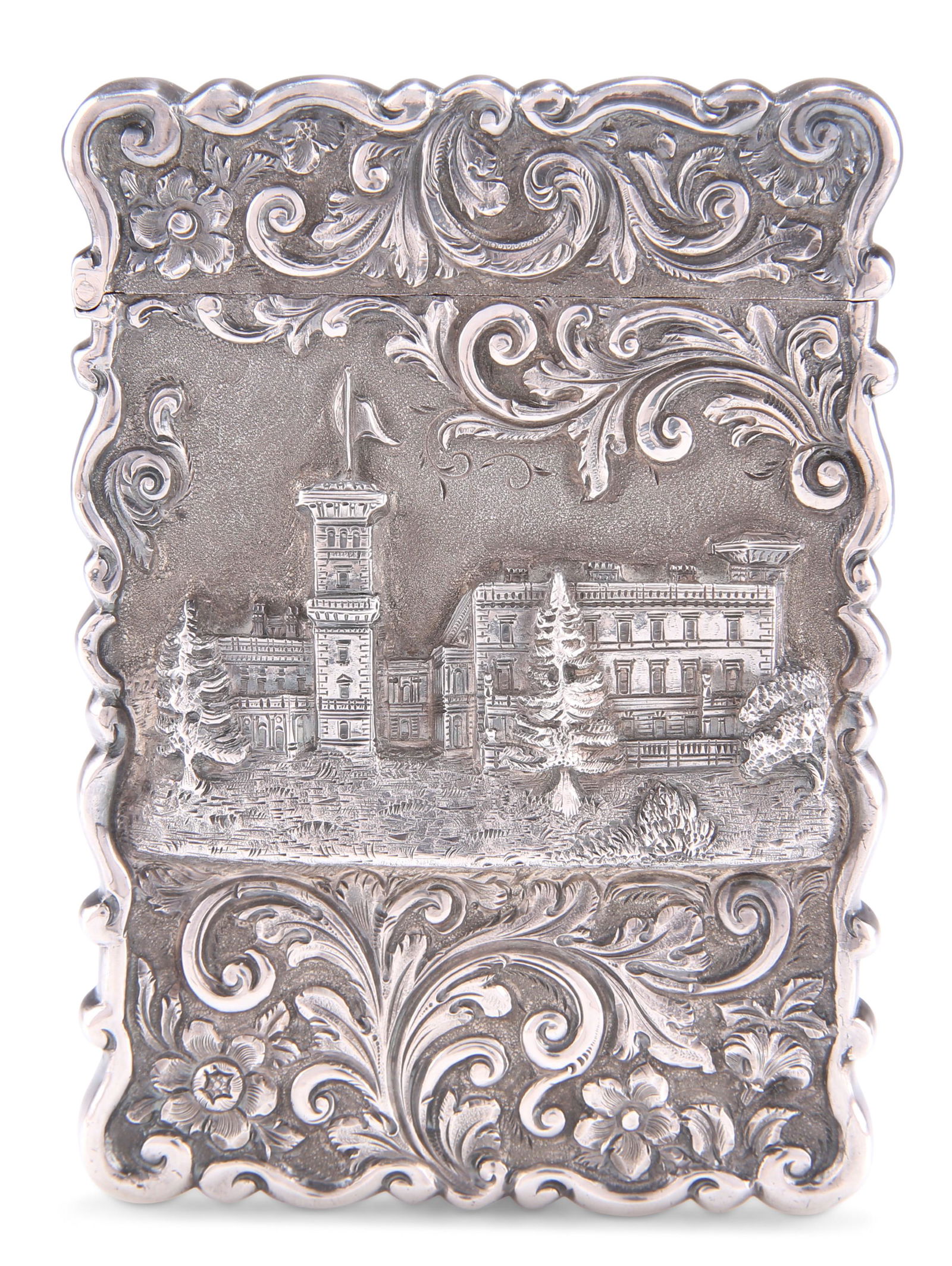 A VICTORIAN RARE SILVER CASTLE-TOP CARD CASE, OSBORNE HOUSE: A VICTORIAN RARE SILVER CASTLE-TOP CARD CASE, OSBORNE HOUSE, by John Yapp & John Woodward, Birmingham 1851, shaped rectangular, embossed with a scene of the house within foliate scroll decoration, the
