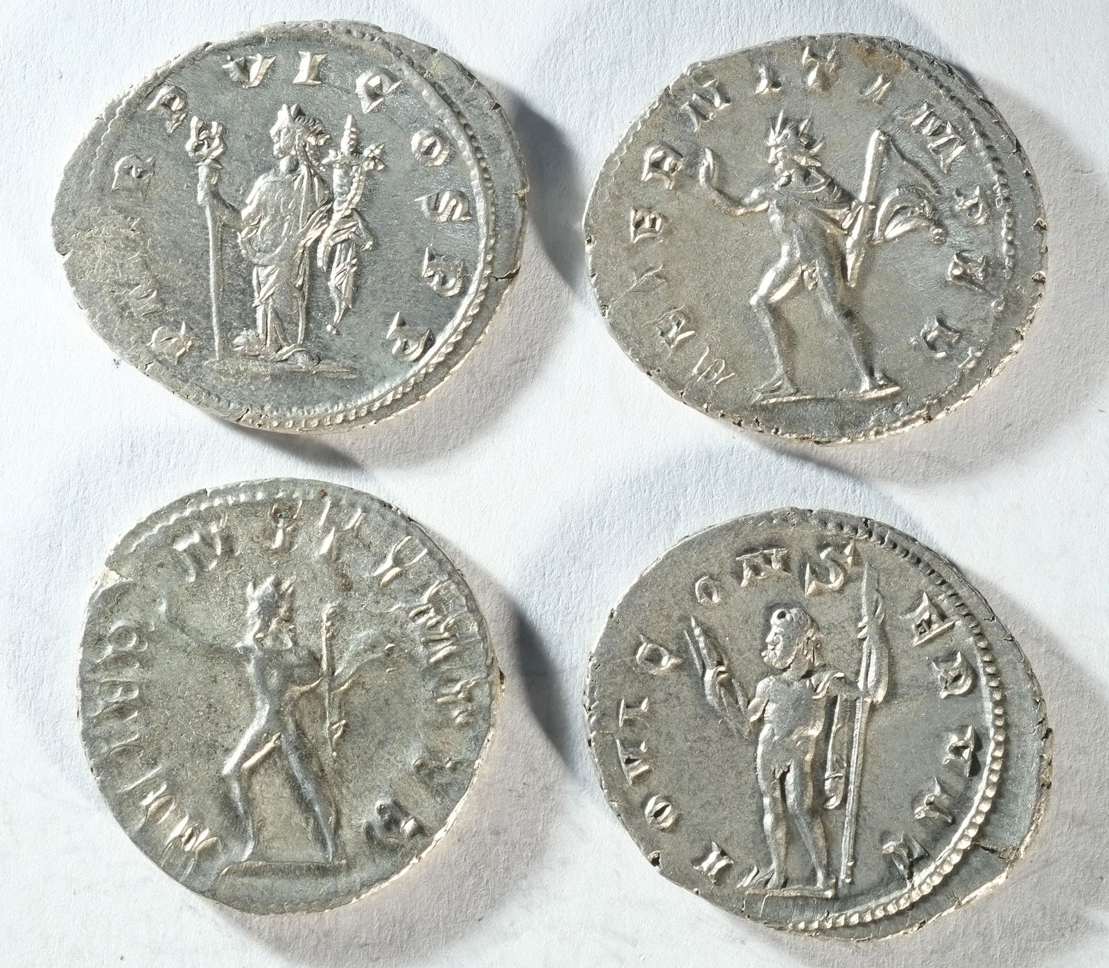 4x silver antoninianii of Philip II (247 - 249 CE) consisting of reverse types: 2x AETERNIT IMPER, P (1 of 2)