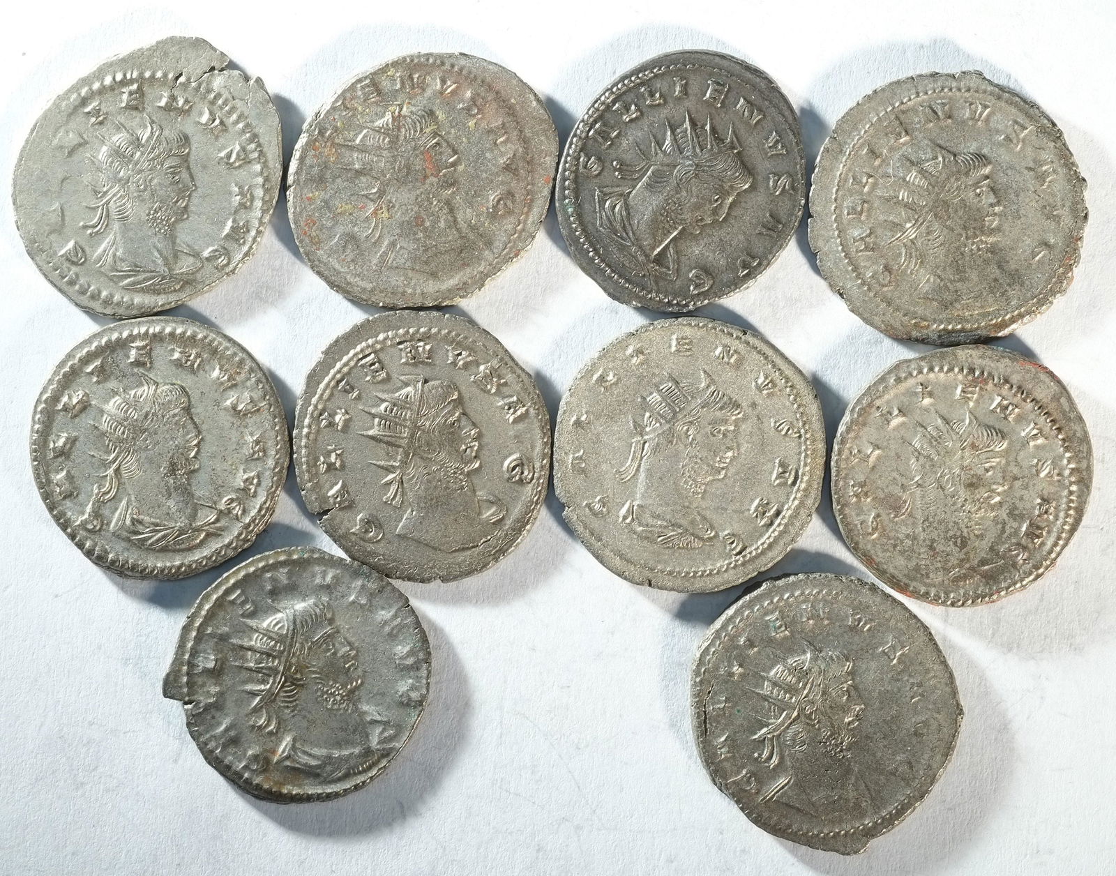 10x Ae antoninianii of Gallienus (253 - 268 CE) consisting of reverse types: AETERNITAS AVG, FIDES A (1 of 2)