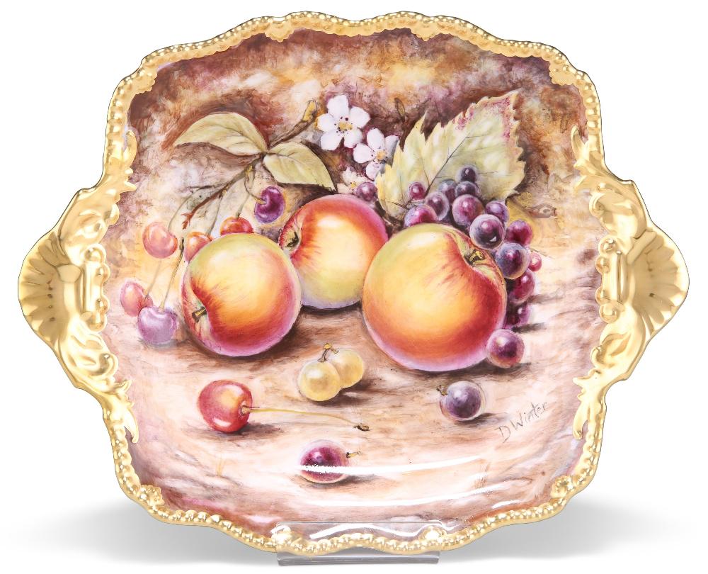 A ROYAL WORCESTER TUDOR PLATE, shallow rectangular form with shell moulded handles, the well painted (1 of 2)