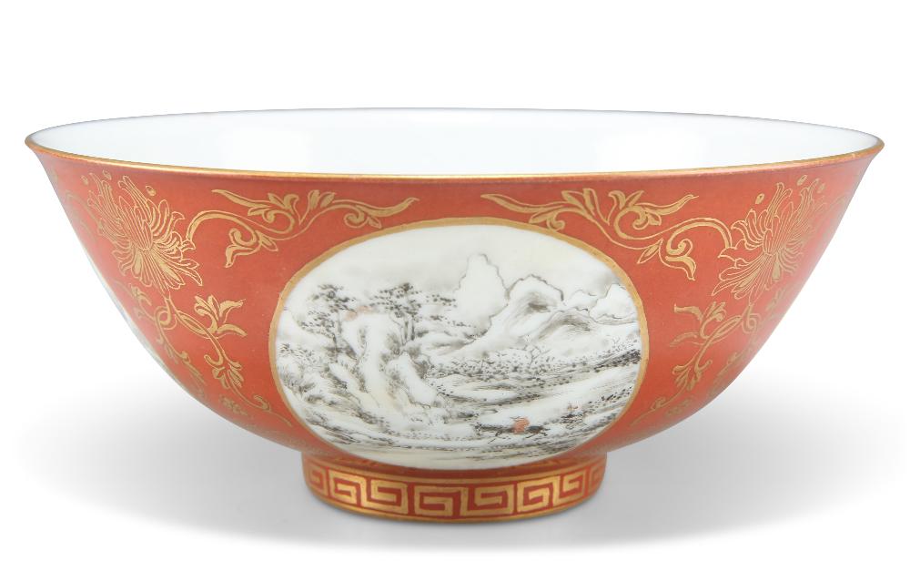 A CHINESE CORAL-GROUND 'MEDALLION' BOWL, the exterior with four grisaille medallions depicting figur (1 of 2)