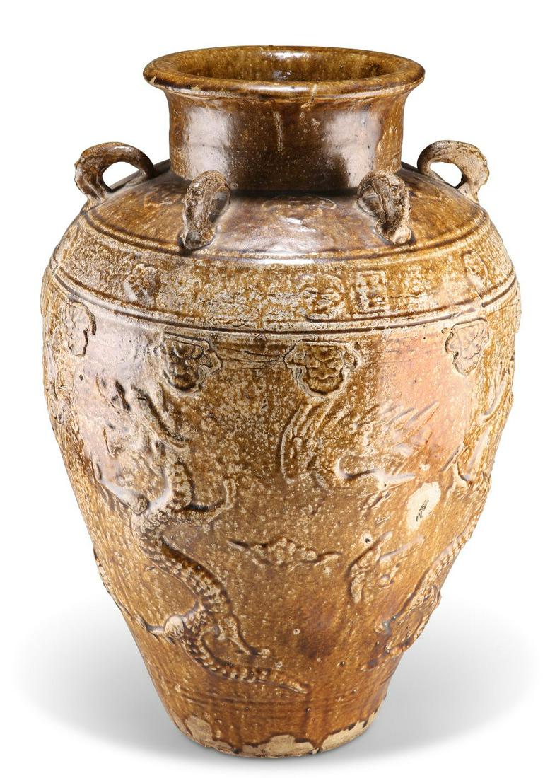 A CHINESE MARTABAN LARGE JAR, with moulded dragons and cranes, under a band of florets, the shoulder (1 of 1)