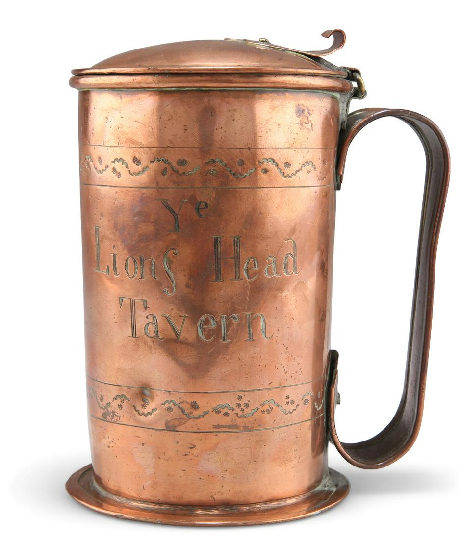 A COPPER LIDDED TAVERN TANKARD, cylindrical form with flared foot rim and long loop handle, engraved (1 of 1)