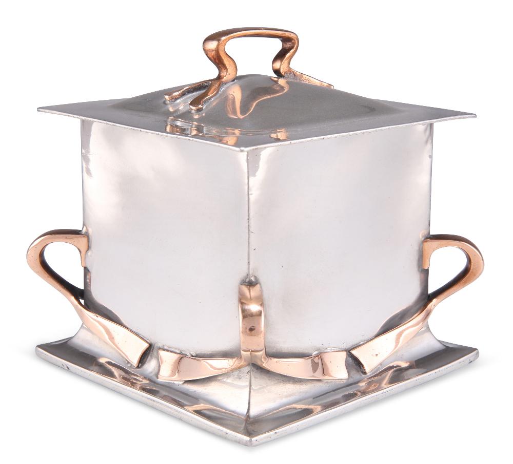 DAVID VEASEY FOR LIBERTY & CO, A VERY RARE TUDRIC PEWTER AND COPPER BISCUIT BOX, no. 084, of square (1 of 1)