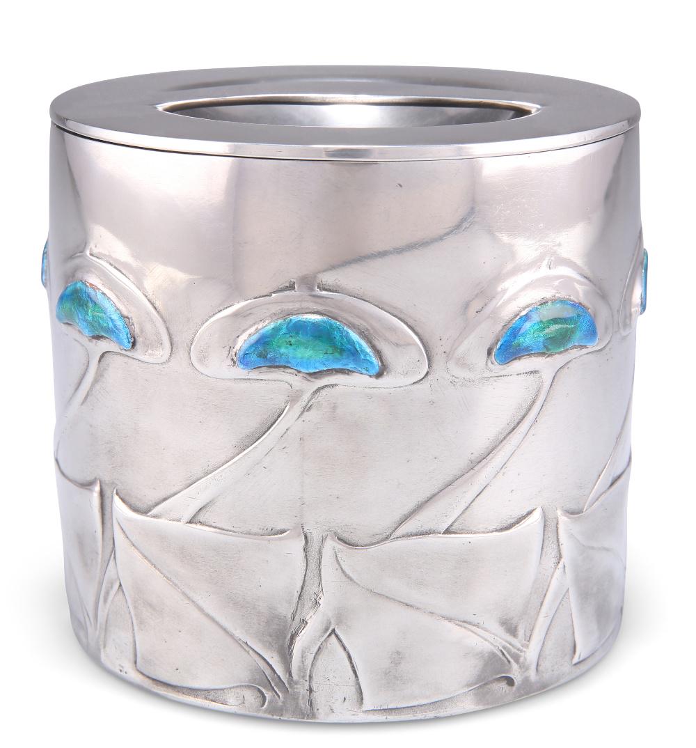 ARCHIBALD KNOX FOR LIBERTY & CO, A TUDRIC PEWTER AND ENAMEL BISCUIT BOX, no. 0193, cylindrical, the (1 of 1)