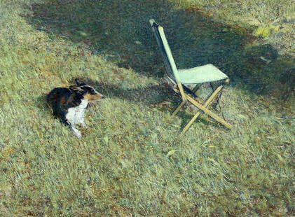 DAVID TINDLE (BORN 1932), DOG AND CHAIR, gallery labels verso, tempera, framed. 15.5cm by 21cm: DAVID TINDLE (BORN 1932), DOG AND CHAIR, gallery labels verso, tempera, framed. 15.5cm by 21cm