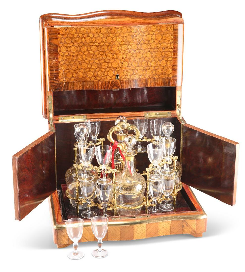A 19TH CENTURY FRENCH KINGWOOD AND PARQUETRY BRASS-BOUND TABLE LIQUOR CABINET, with serpentine front (1 of 2)