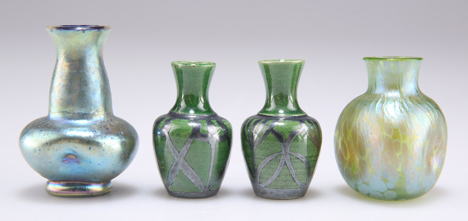 TWO MINIATURE LOETZ STYLE IRIDESCENT GLASS VASES, 5cm and 4cm high; and A PAIR OF MINIATURE SILVER O (1 of 2)
