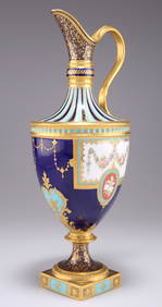 A FINE ROYAL CROWN DERBY PEDESTAL EWER, BY DESIRE LEROY, of shouldered ovoid form, with a waisted ne (1 of 2)