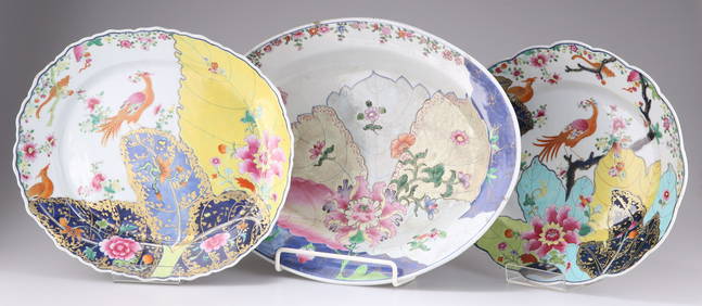 THREE TOBACCO LEAF SERVING DISHES, IN CHINESE EXPORT STYLE, comprising one oval and two shaped ovals (1 of 1)