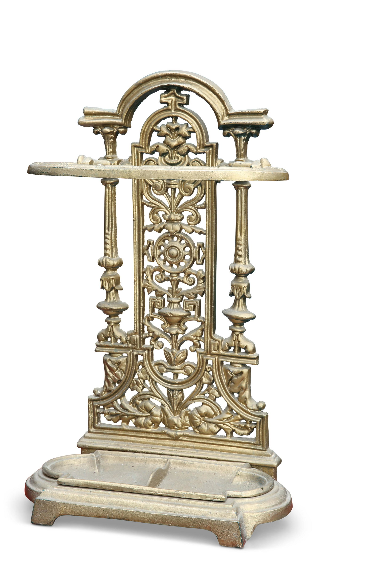 A VICTORIAN CAST IRON STICK STAND, the pierced back cast with classical ornament, and a two-compartm (1 of 1)