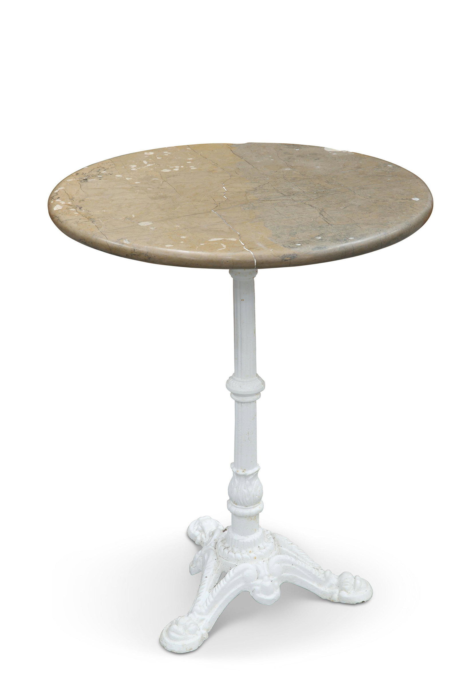 A VICTORIAN CAST IRON AND MARBLE-TOPPED TABLE, with circular top. 73.5cm high, 59.5cm diameter (1 of 1)