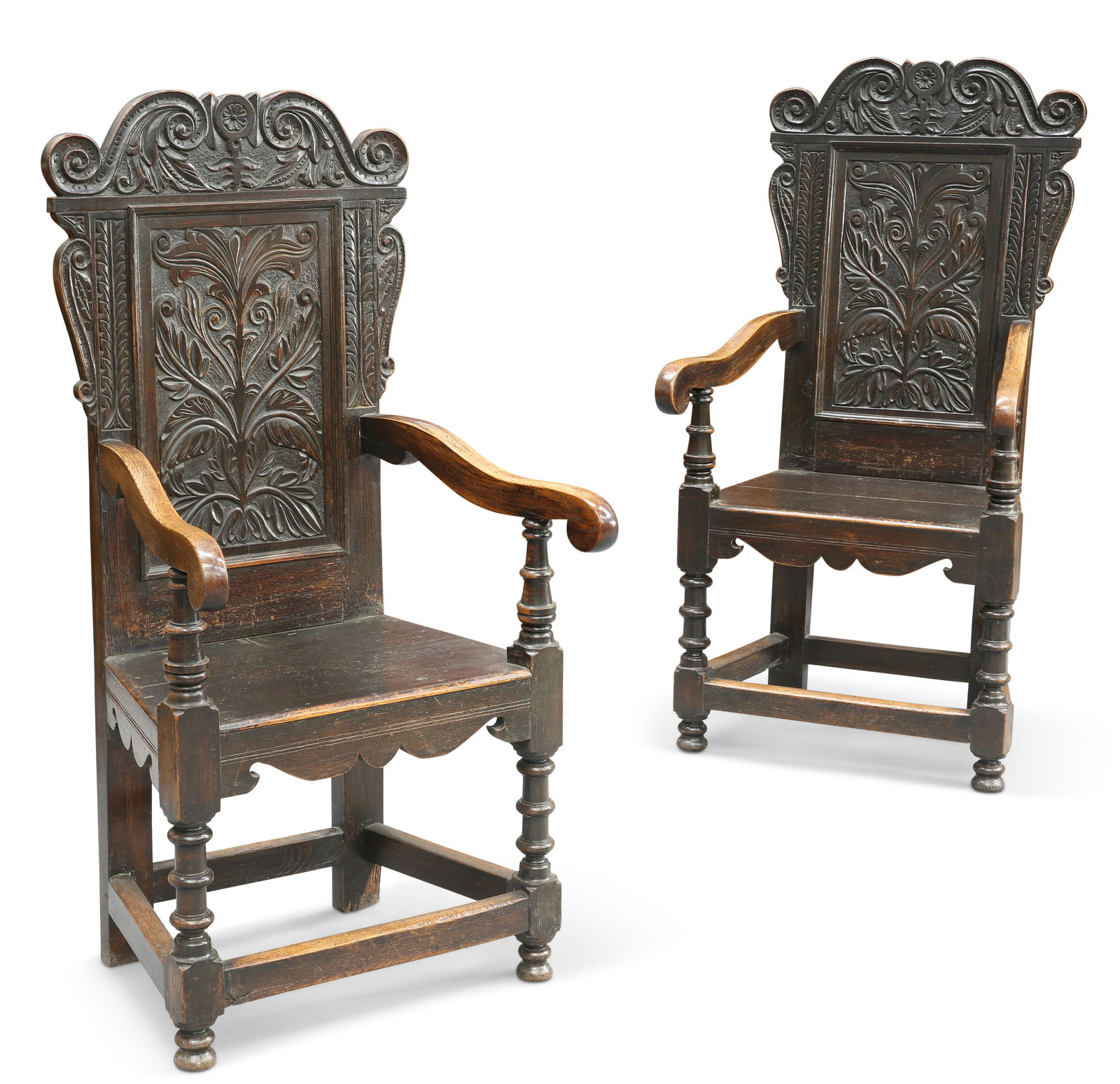 A PAIR OF 17TH CENTURY STYLE OAK WAINSCOT CHAIRS, 19TH CENTURY, each with scroll and foliate-form cr (1 of 1)