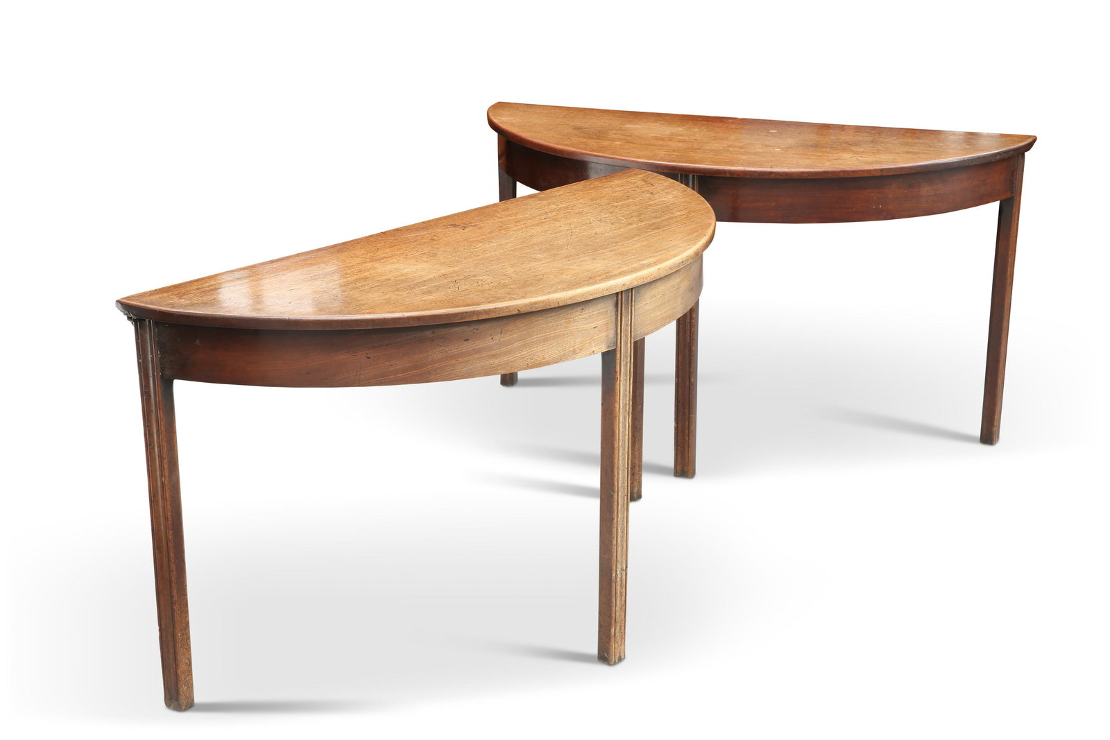 A PAIR OF GEORGE III MAHOGANY CONSOLE TABLES, demilune, raised on moulded square-section legs. (2) 7 (1 of 1)