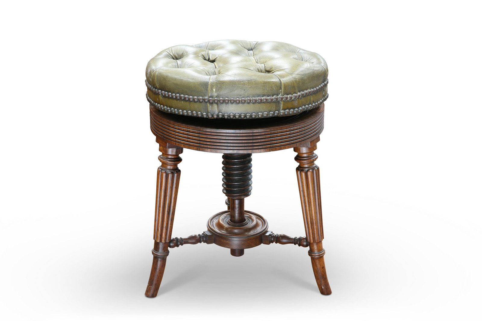 A FINE REGENCY ROSEWOOD PIANO STOOL, the circular deep-buttoned leather adjustable seat above a reed (1 of 1)