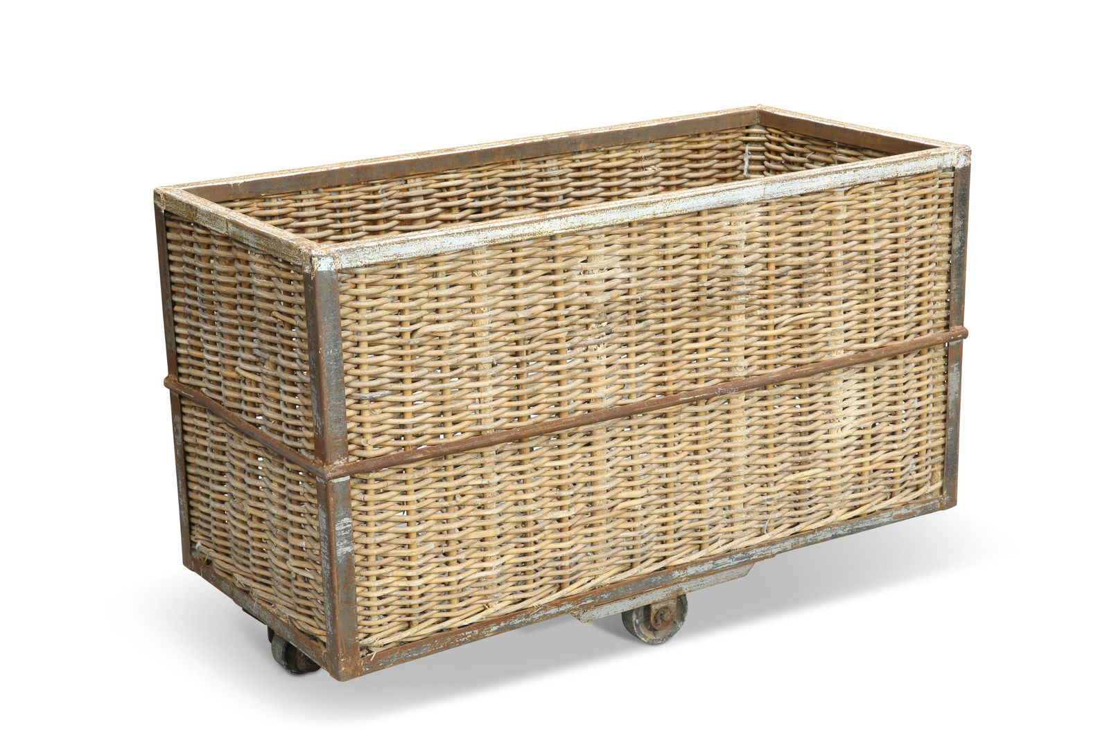 A VICTORIAN MILL BASKET, of rectangular form, with metal frame and cane sides and base, moving on fo (1 of 1)