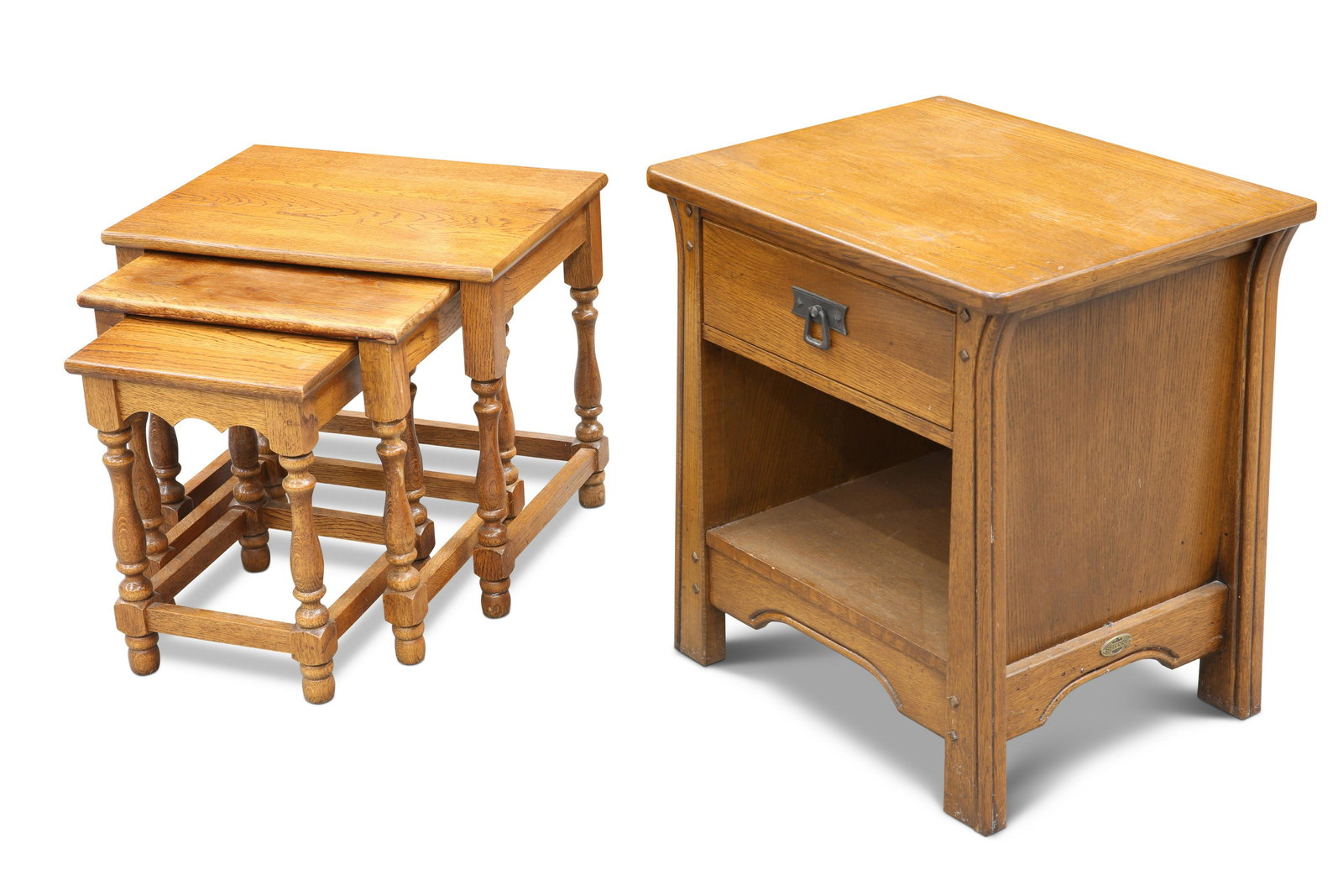 A NEST OF THREE OAK TABLES; together with A CONTEMPORARY OAK BEDSIDE TABLE, with iron handle. (4) Be (1 of 1)