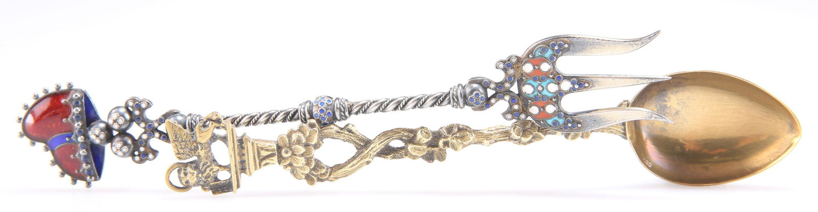 AN 800 GRADE SILVER AND ENAMEL PICKLE FORK AND AN 800 GRADE SILVER-GILT SPOON (1 of 1)