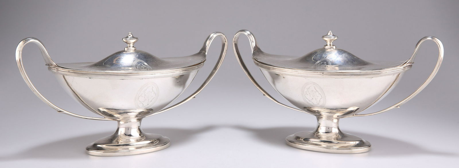 A PAIR OF GEORGE III SILVER SAUCE TUREENS AND COVERS (1 of 2)
