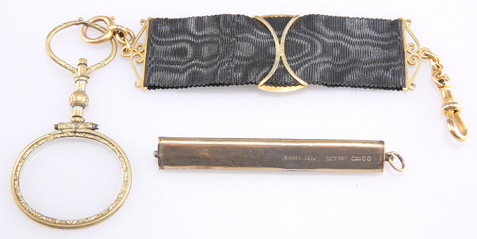 A 15 CARAT GOLD-MOUNTED BLACK SILK PENDANT AND A MORDAN 9 CARAT GOLD PROPELLING PENCIL (1 of 1)