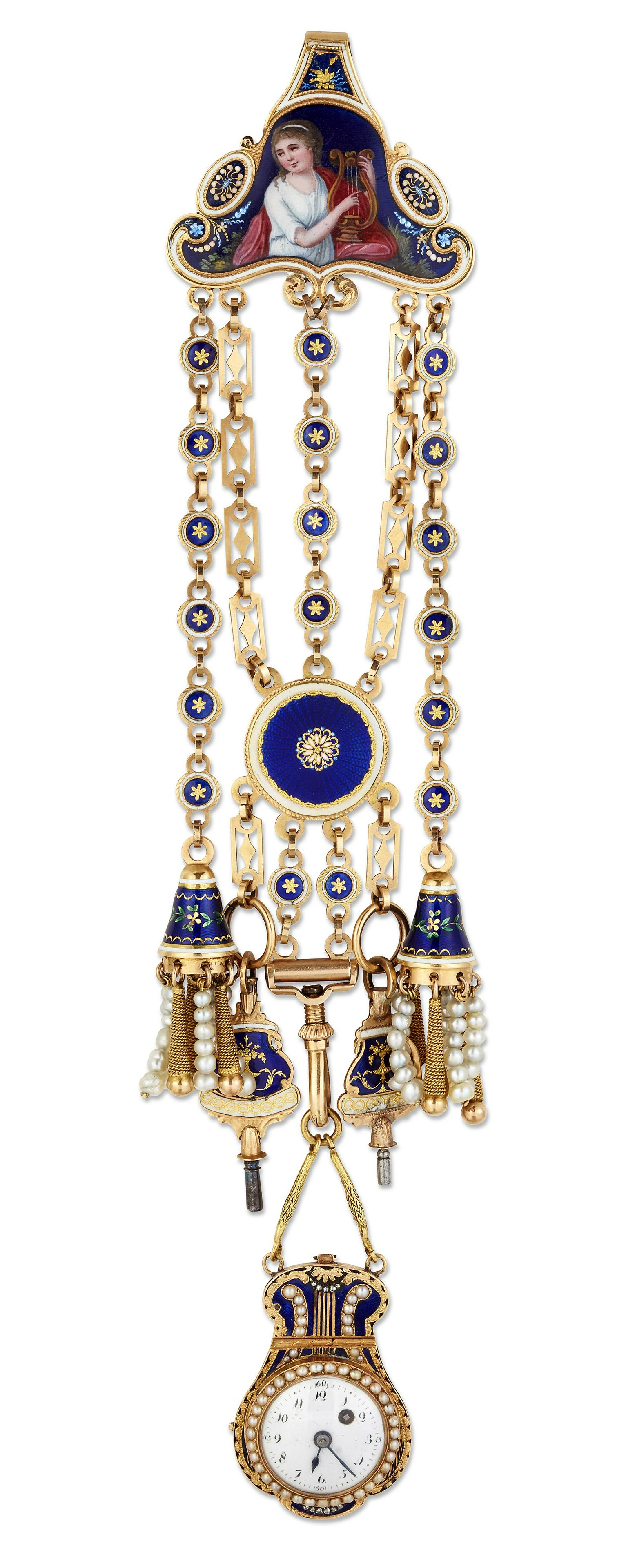 AN ELABORATE EARLY 19TH CENTURY ENAMELLED CHATELAINE AND COMBINATION FOB WATCH VINAIGRETTE (1 of 1)