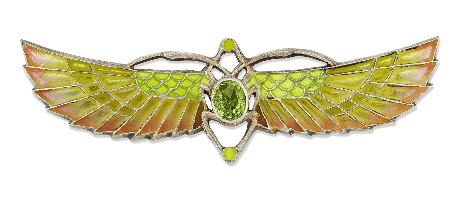AN EGYPTIAN REVIVAL PLIQUE A JOUR ENAMEL AND PASTE WINGED SCARAB BROOCH (1 of 1)