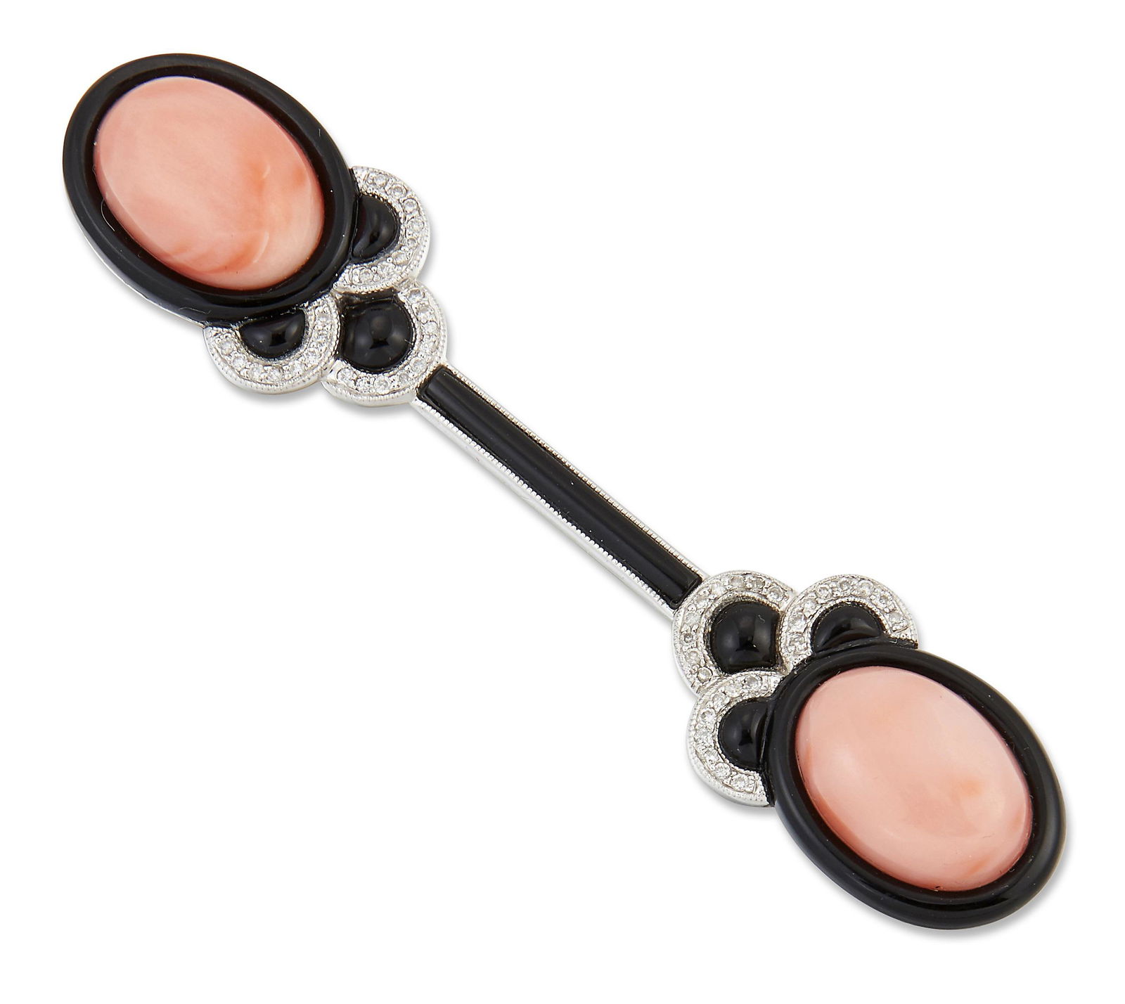 AN ART DECO STYLE CORAL, ENAMEL AND DIAMOND BROOCH (1 of 1)