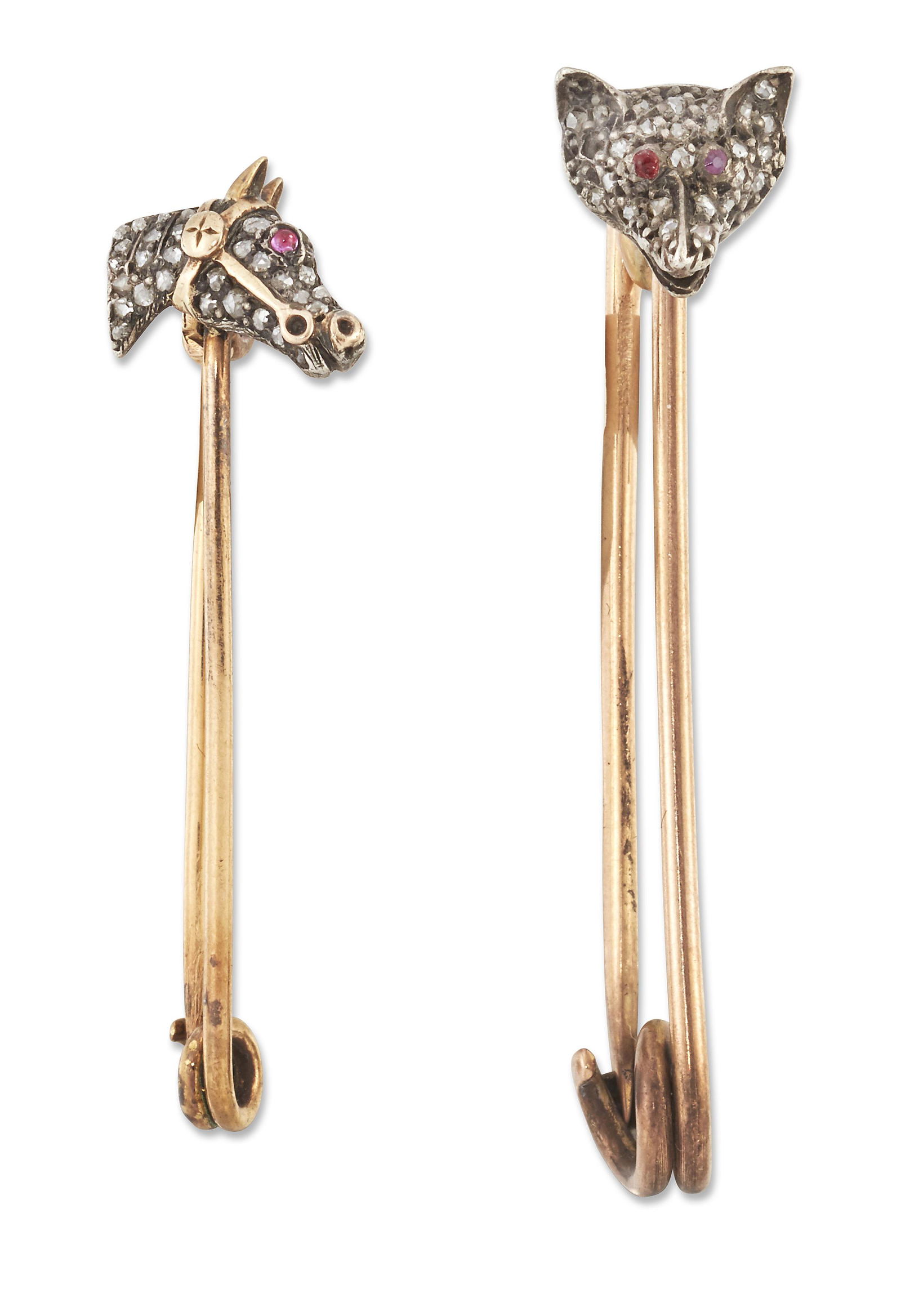 TWO LATE 19TH CENTURY DIAMOND AND RUBY NOVELTY HUNTING FOX AND HORSE HEAD BAR BROOCHES (1 of 1)