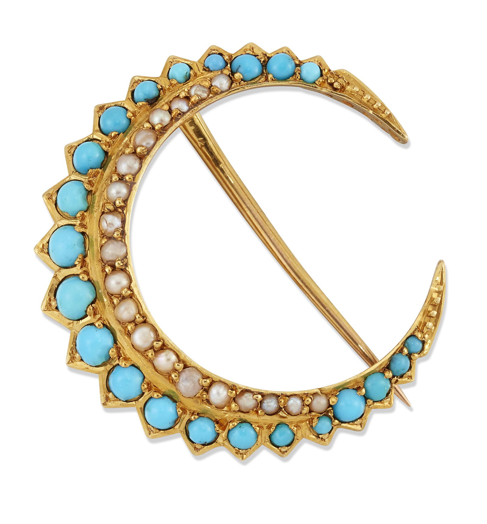 A LATE 19TH CENTURY TURQUOISE AND SEED PEARL CRESCENT BROOCH (1 of 1)